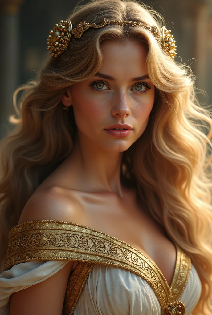 Absurd, ultra-detailed, high quality, masterpiece, detailed face, beautiful eyes(detailed eyes), Greek mythology, Goddess, Hera , the queen of the gods, striking and cones, a perfectly proportioned face, eyes depicted as large and captivating, hold an intense gaze, golden hair , Gole hair is luxuriant and flowing, cascading down her back in waves,wearing elegant robes adorned with intricate patterns ,Her beauty is not merely superficial but embodies the essence of power, authority, and regality.