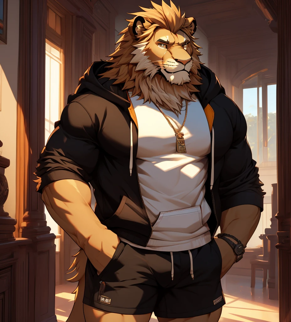 (masterpiece),(Very detailed),(best quality),8K,(high quality),(Ultra high quality),(Super detailed),Solitary,bust,lion ,hairy body,Furry Characters,hoodie,Black shorts,Best image quality,Eyes Details,Droopy ears,Airplane ears,school corridor,student,2 ,Lion Orc,masterpiece,Fluffy tail,Meticulous facial details, proud looking lion
