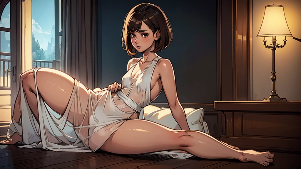 detailed drawing, a cute, slender aerobic instructor, very short brown hair, very short brown hair, brown eyes, dimples, (full body) wearing a lace, white, sheer gown cut low in the front and slit up the sides to her hips, hyper realistic, cinematic lighting, 8k, best quality, masterpiece, photorealistic, vivid colors, depth of field, intricate details, natural skin tones, behind her is epic, magical psychedelic landscape