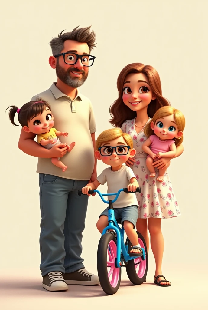 Image type dessin animé pixar d'un couple avec 3 enfants. Caucasiens : le papa 35 ans yeux marrons, lunettes, cheveux poivre et sel, barbe châtain, un peu de ventre mais pas gros. Il est habillé en chino polo baskets. La maman a 35 ans, c'est une femme rondouillette, cheveux châtain clair presque blonds, yeux bleus, lunettes, habillée en robe fleuri sandales. Leur première de 4 ans sur son vélo bleu ciel avec des pneus roses, cheveux long blonds aux yeux marrons. Les deux autres enfant sont des fausses jumelles de 10 mois, une dans les bras de maman : elle a les cheveux blonds châtain aux yeux bleus ressemblant plus à sa maman. l'autre est dans les bras de papa, cheveux blonds châtain aux yeux marrons avec une fossette à la joue gauche et ressemblant plus à papa.