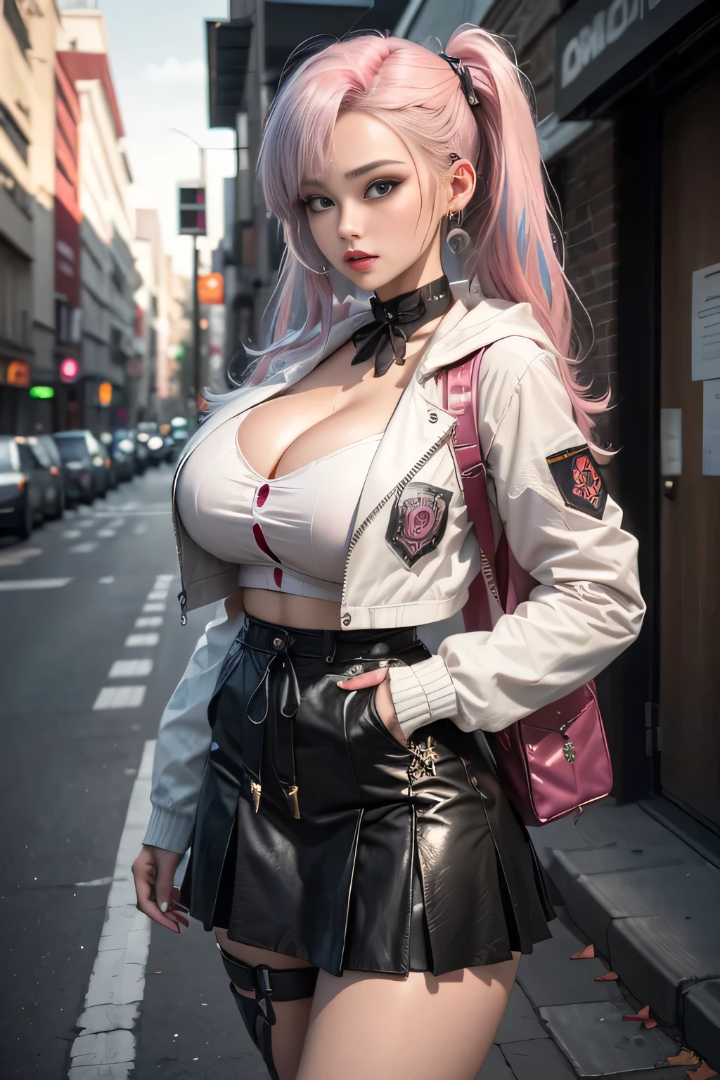 sfw, (((of the highest quality: 1.4))),(unparalleled masterpiece ever), (Ultra high definition),(Ultra-realistic 8K CG), offcial art、 (((adult body, accentuated super huge enormously gigantic , cleavage showing))), (((1girl in))), ((( very long hair in pigtails ))), Punk girl with a perfect body, school girl uniform school girl skirt and backpack with lots of straps buckles and zippers,Beautiful and well-groomed face,Fancy makeup,Detailed punk fashion,school girl uniform and school girl skirt, (Image from head to thigh),((Platinum pink hair )), Harajuku-inspired hooded jacket, Simon Bisley's urban savage style,Detailed street background of school classroom,Clean abs, Complex graphics, dark pink with white stars and gray and white stripeany poisonous tattoos )), piercings, wearing bra,((skinny waist)), young asian girl, ((big breasted)),ted)),