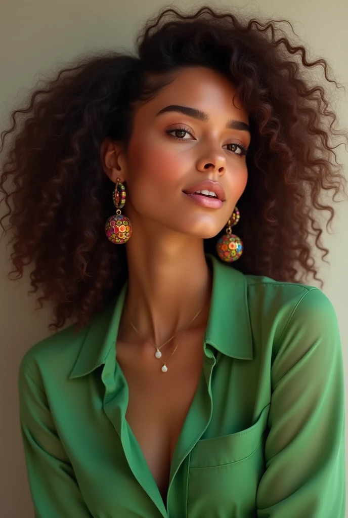 Make a realistic beautiful woman with curly brown hair, with brown skin tone and with a green blouse and colorful hoop earrings.