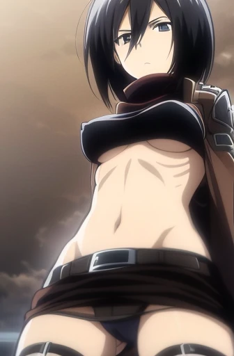 mikasa ackerman, hair between the eyes, lifting her shirt showing her nipples, just in black panties