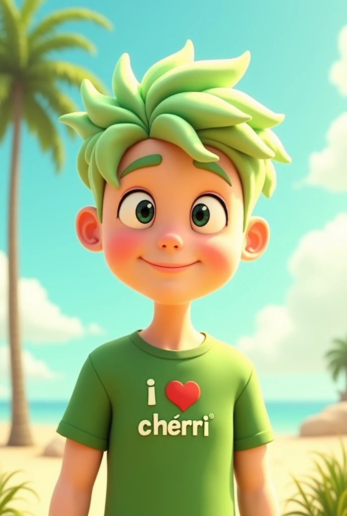 Male character with light green spiky hair, light skin, a green shirt that says "i ♥️ Cherri" with a desire for sun, black, somewhat pointed, without a nose, animated style