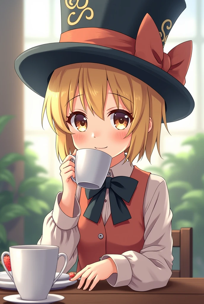 anime girl, mad hatter hat, sakuya izayoi, young, cute, flat chest, ,blonde, drinking tea,