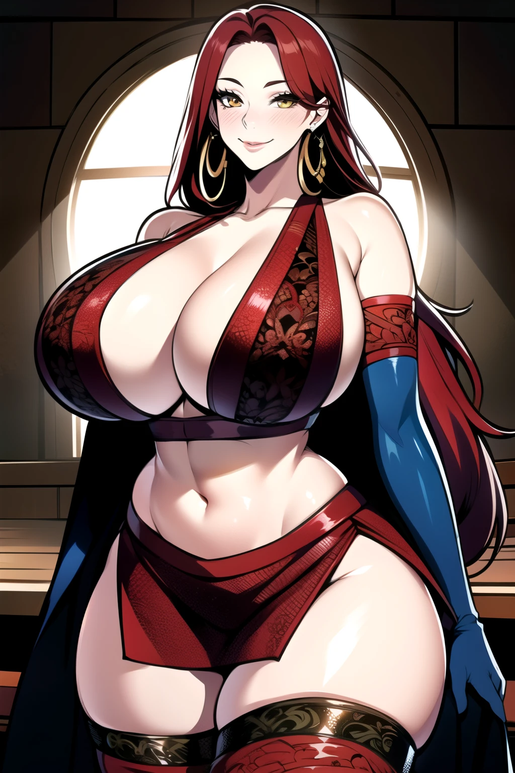 ultra realistic 8k cg, masterpiece, ((ultra detailed background, intricate detail, highly detailed, fine details best quality, hyperdetailed face)), gigantic breasts ,beautiful lighting, absurdres, BoaHancockV2, 1girl, solo, (red hair : 1.3), long hair, jewelry, closed mouth, ), cleavage, (arabian dancer outfit : 1.1), (underboob : 1.4), elbow gloves, thigh boots, bare shoulders,, bare shoulders, curvy, midriff, curvy, thighs, shiny clothes), yellow eyes, complex detailed background, indoor, palace), ((cowboy shot)), curvy, (gigantic breasts: 1.1), seductive smile, cowboy shot, earrings, jewelry