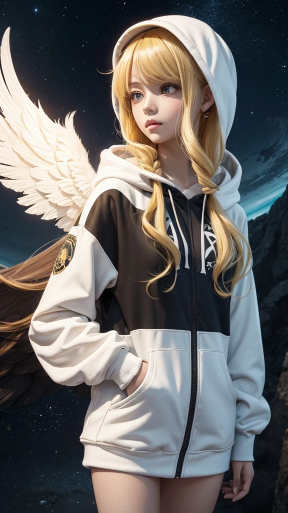 There is a lady with angel-like wings, curly yellow hair, White skin, girl from the country of Argentina with Argentine features looking straight ahead and a planet in the background, 3D rendering of a cute anime girl, de Trevor Brown, unknown zodiac sign, inspired by Illarion Pryanishnikov, black hair girl wearing hoodie, Dark skin, normal looking lips, not so long hair, trend in artstaion, qifenglin, poster, technological clothing, low angel