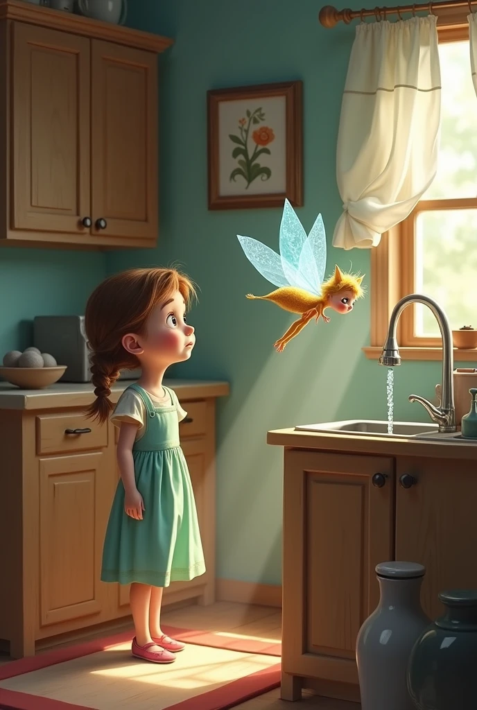 Image 5: Clara and the Water Fairy in Grandma&#39;s Kitchen, looking at a dripping faucet.