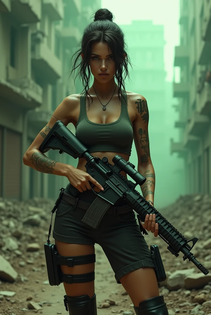 A hot girl are standing in infected area holding m416 gun. She have TOXIC tatoo on his shoulder and 08 tatoo on his chest.