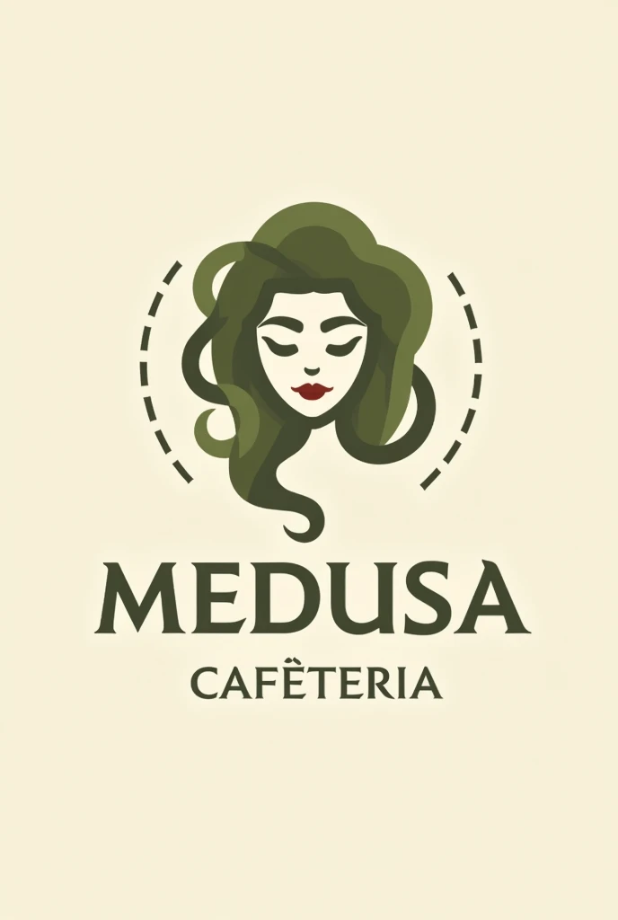 CAFETERIA LOGO WITH MEDUSA, GREEK MYTHOLOGICAL FIGURE WITH OLIVE GREEN AND BROWN COLOR PALETTE minimalist design 
