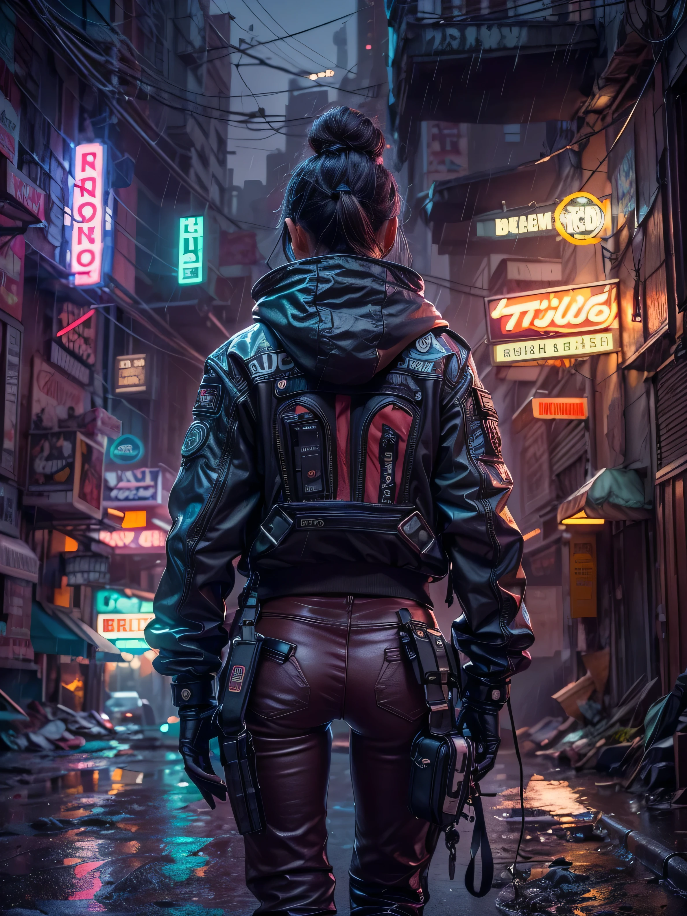 "Create a high-definition, ultra-detailed 3D rendering of a dystopian cyberpunk back alley set in the year 2527. The scene takes place at night during a mysterious, rainy atmosphere. In the foreground, prominently feature a motorcycle girl.(Looking away), She should be positioned within a detailed, shadowy alley illuminated by vibrant neon signs. The neon lights should reflect off the wet pavement and cast dynamic shadows. The environment should emphasize a futuristic, gritty feel, with a strong sense of depth of field and a big-picture perspective. The scene should capture both the intricate details of the character and the dystopian surroundings."