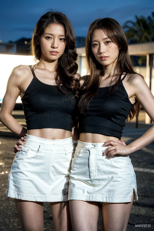 highest quality,ridiculous,Dramatic,2 Arav ladies in realistic style miniskirts,2 female students,Very detailed details of the face,Real skin texture,HD Skin,Night view,Standing in the school square, Still image of 007, Pageant rendering, model, Luxury, Shoulders visible, Network mode, Still frame from movie - ar 16:9