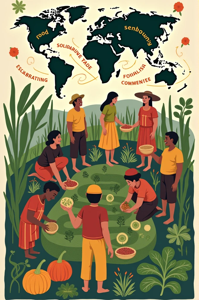 Creating art on the theme of food sovereignty and fair trade involves visually expressing ideas about local control over food systems and fair trade practices.. Here is a conceptual sketch for such an artwork:
1. **center image**: Illustrate a diverse group of farmers from various cultures working together in a thriving garden or farm community. They may be picking vegetables, planting seed, or exchange of products.
2. **Pyear of background**: Incluir um Pyear of background de um mapa global com linhas interconectadas mostrando rotas comerciais, but emphasize a more equitable exchange representing balanced and fair business practices.
3. **Symbols**: Use Symbols como ferramentas agrícolas tradicionais, heirloom seeds, and cooperative logos to represent sustainable practices and solidarity. Add elements like hands exchanging goods or crops being shared between communities.
4. **color scheme**: Opt for vibrant tones, earthy tones to represent growth, harmony, and sustainability. greens, chestnuts, and warm yellows can convey the richness of local agriculture and community spirit.
5. **text**: Integrate phrases such as “Food Sovereignty” and “Solidarity Trade” in an elegant way, fluid script, talvez cercando a center image ou no topo e na parte inferior da peça.
This piece of art would celebrate local food systems, cooperation, and the fair exchange of resources. Make an artwork based on the data provided