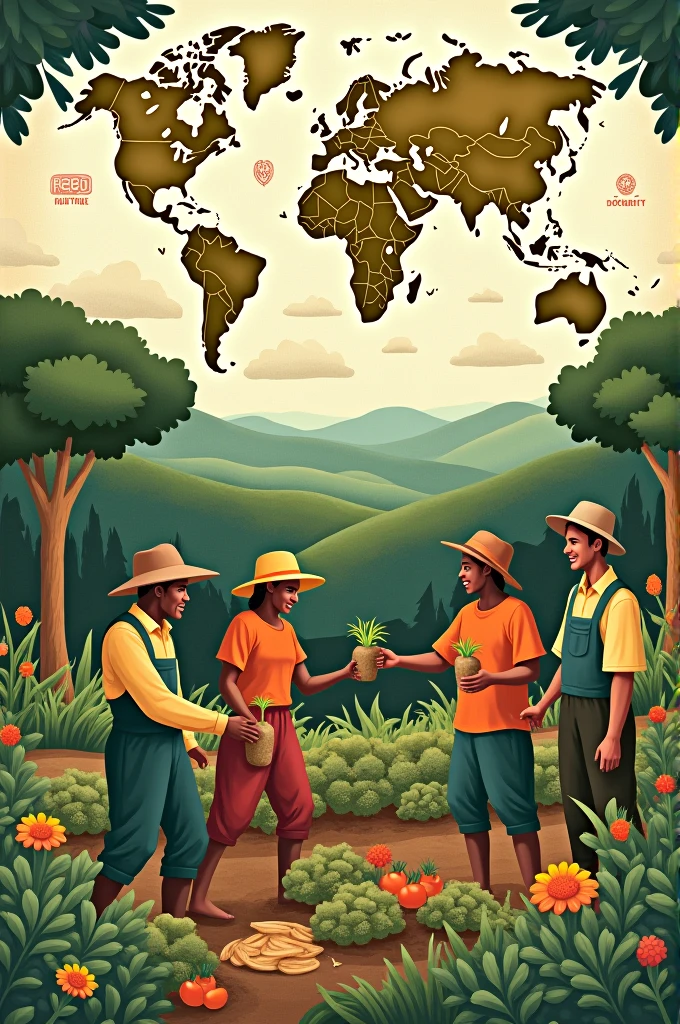 Creating art on the theme of food sovereignty and fair trade involves visually expressing ideas about local control over food systems and fair trade practices.. Here is a conceptual sketch for such an artwork:
1. **center image**: Illustrate a diverse group of farmers from various cultures working together in a thriving garden or farm community. They may be picking vegetables, planting seed, or exchange of products.
2. **Pyear of background**: Incluir um Pyear of background de um mapa global com linhas interconectadas mostrando rotas comerciais, but emphasize a more equitable exchange representing balanced and fair business practices.
3. **Symbols**: Use Symbols como ferramentas agrícolas tradicionais, heirloom seeds, and cooperative logos to represent sustainable practices and solidarity. Add elements like hands exchanging goods or crops being shared between communities.
4. **color scheme**: Opt for vibrant tones, earthy tones to represent growth, harmony, and sustainability. greens, chestnuts, and warm yellows can convey the richness of local agriculture and community spirit.
5. **text**: Integrate phrases such as “Food Sovereignty” and “Solidarity Trade” in an elegant way, fluid script, talvez cercando a center image ou no topo e na parte inferior da peça.
This piece of art would celebrate local food systems, cooperation, and the fair exchange of resources. Make an artwork based on the data provided