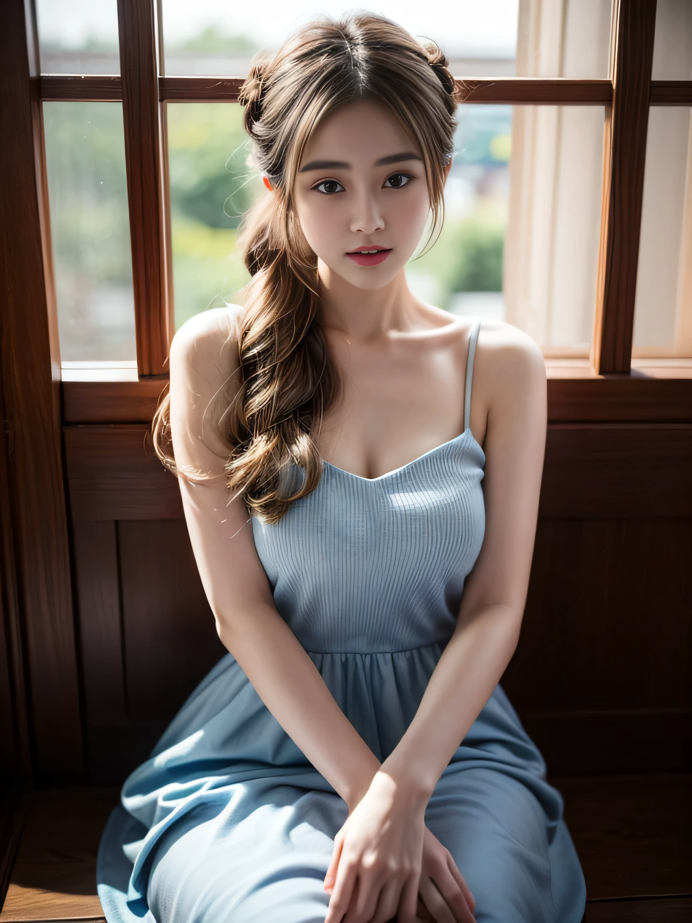 a 1 woman in a blue dress holding a flower in front of a window, (big round breast:1.3), ((updo hairstyle, Dark blonde hair, wavy hair, long hair:1.3)), a picture inspired by Miwa Komatsu, instagram, tachisme, gorgeous young thauiland woman, simple dress, a cute young woman, in blue dress, korean women's fashion model, lovely woman, beautiful young thailand woman, dilraba dilmurat, sakimichan, pov