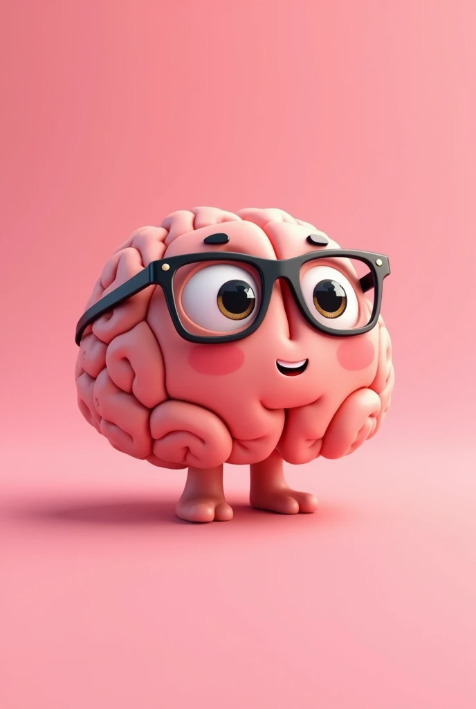 cute brain, animated cartoon, with glasses, pink back ground, the brain is , no body