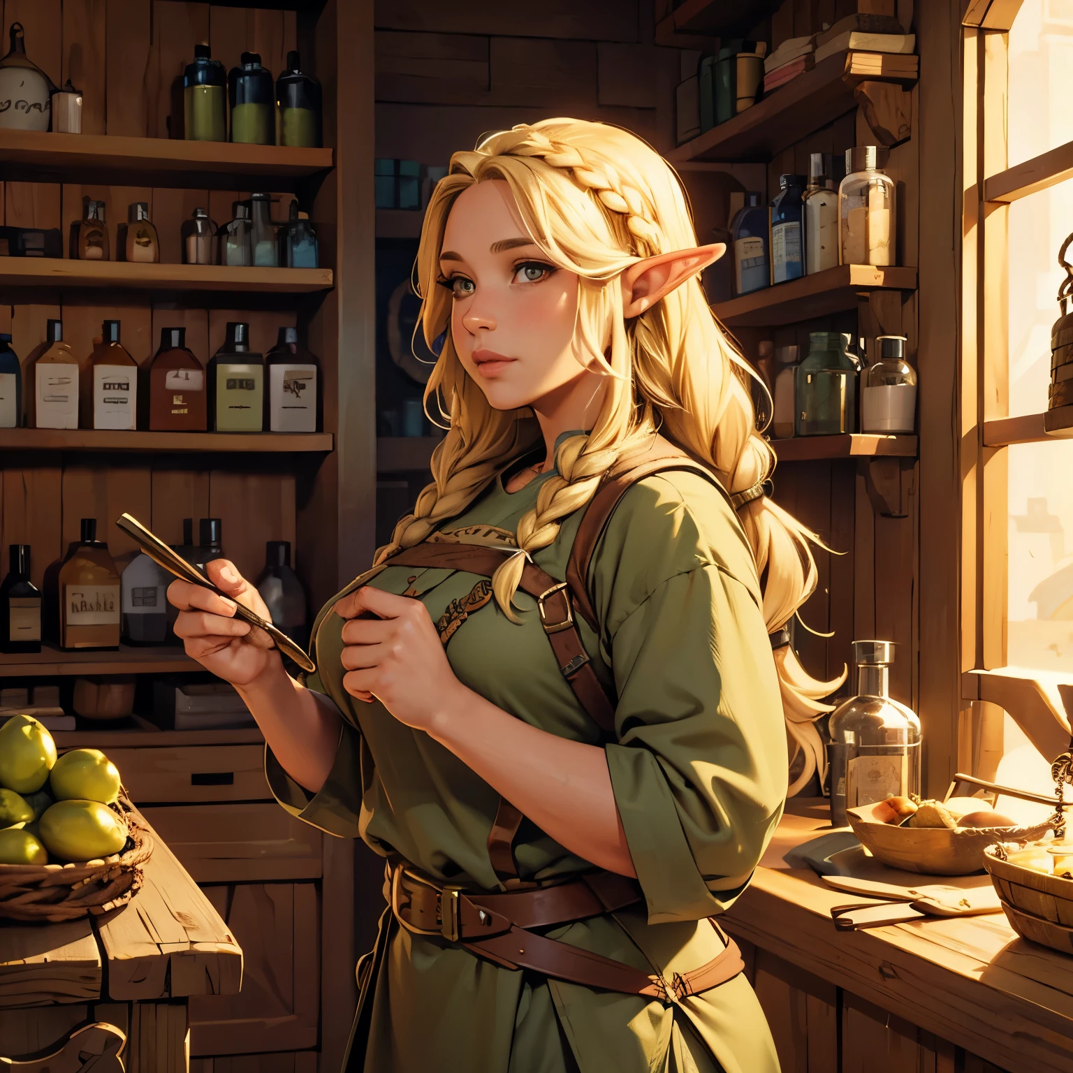 adult, half elf, short ears, female, blonde braided hair, brown skin, olive skin, flowy shirt, island clothes, belt of potions, cheerful, happy, cheery, apothecary shop
