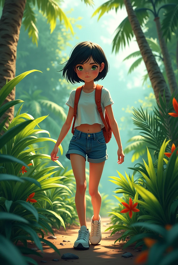 A 12 year old girl, short black hair, green eyes, rectangular face, triangular body wearing It Girl High Waisted Jean Shorts (Hot Pants) and a short dry fit t-shirt, exploring a tropical forest, muscular, hyper detailed, full hd, 4k, hyperrealistic