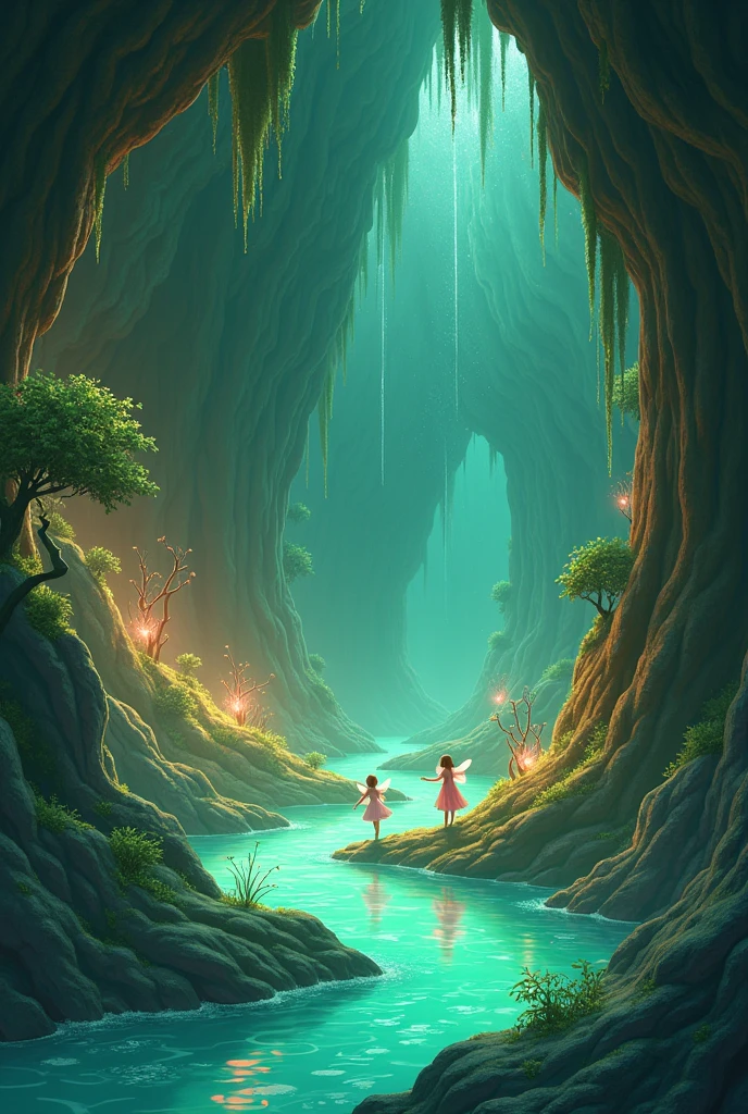 generates a cave background for a fairy tale with green and brown water colors, more lively and anime