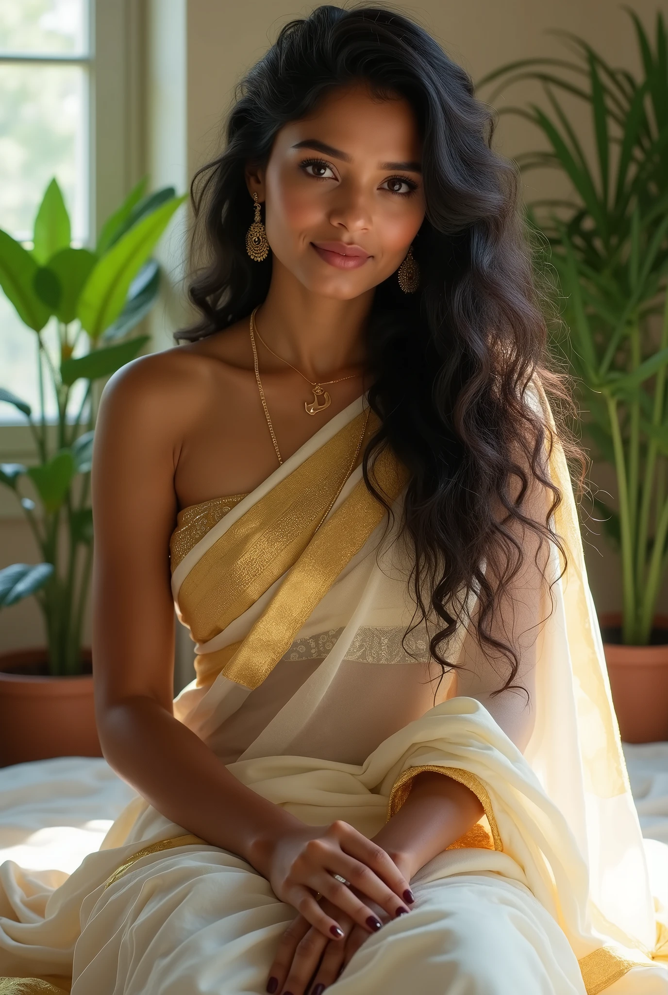 (photorealism:1.2), beautiful very fair Malayali woman, 22 year, sitting on bed, wearing traditional kerala dress, big chest, long curly hair, indoors, soft lighting, plants in background, window with sunlight, cozy room, relaxed pose, realistic, intricate details, off white kerala sari with golden kasavu