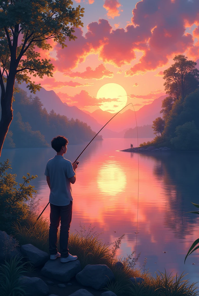 Sunset,A man fishing by the lake,The sky is beautiful,This painting depicts this scene。, Shinkai Makoto (Makoto Shinkai) Photos taken, Pixiv competition winner, Concept Art, Shinkai Makoto 西里尔·罗兰多, Anime Art Wallpaper 4K, Anime Art Wallpaper 4K, anime art wallpaper 8 k, Cyril Rolando and Goro Fujita, Amazing wallpapers