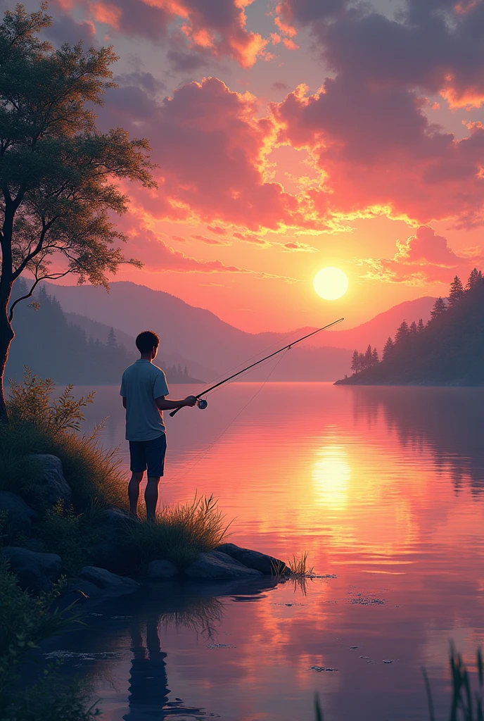 Sunset,A man fishing by the lake,The sky is beautiful,This painting depicts this scene。, Shinkai Makoto (Makoto Shinkai) Photos taken, Pixiv competition winner, Concept Art, Shinkai Makoto 西里尔·罗兰多, Anime Art Wallpaper 4K, Anime Art Wallpaper 4K, anime art wallpaper 8 k, Cyril Rolando and Goro Fujita, Amazing wallpapers