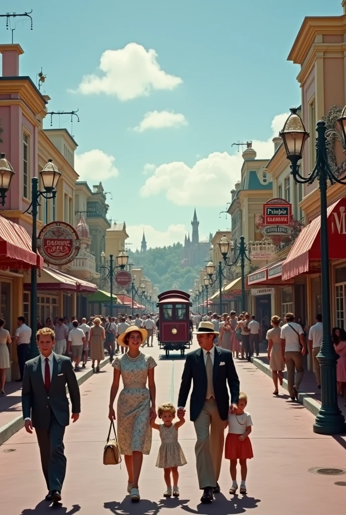 Disneyland's Main Street U.S.A., 1955. Families in 1950s attire stroll past colorful storefronts. A horse-drawn streetcar approaches. Captured in ultra-wide Panavision format with vivid colors and sharp detail from foreground to background.