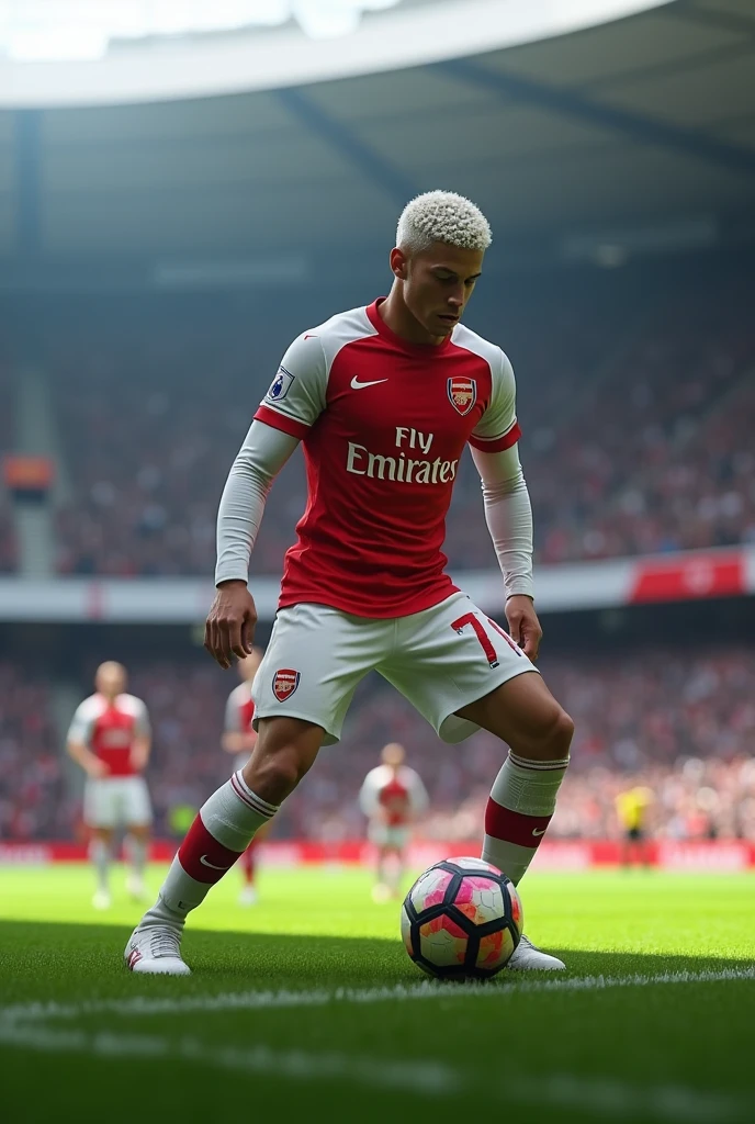 Arsenal player who wears number 7 and is called Cristaldo who wears long sleeves and has short curly white hair going to take a corner