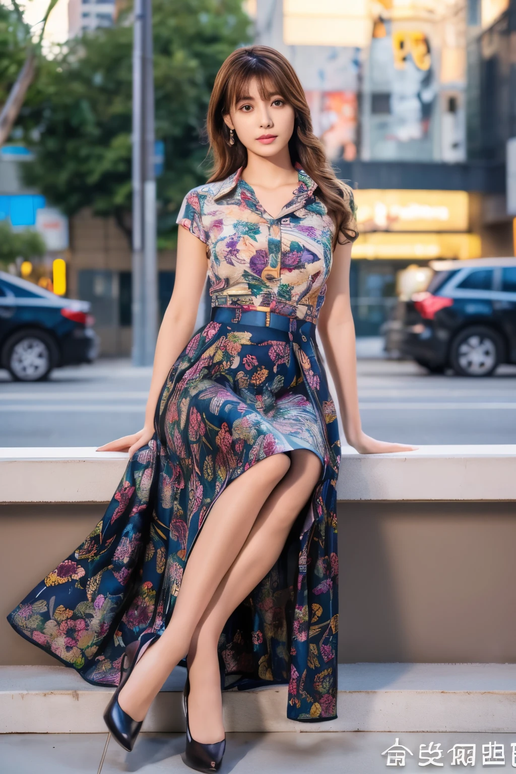 colorful shirt with collar、(long skirt with floral pattern:1.3)、((silk pantyhose))、(She is sitting, showing off her beautiful legs and high heels)、1 girl、(Delicate face、Detailed eyes and face、double eyelid、Glossy lips)、Moisturized skin、Highly detailed face and skin texture、Two well-balanced legs、Large Breasts、((Highest quality、Ultra-high resolution、masterpiece、8k))、((Perfect Anatomy、Anatomically correct))、(Full Body Portrait)、Modern architecture at night on the background、Professional Lighting、Realistic、Realistic、Ultra-realistic