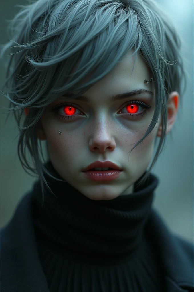 Girl with short hair, gray hair, red eyes, piercing in her mouth