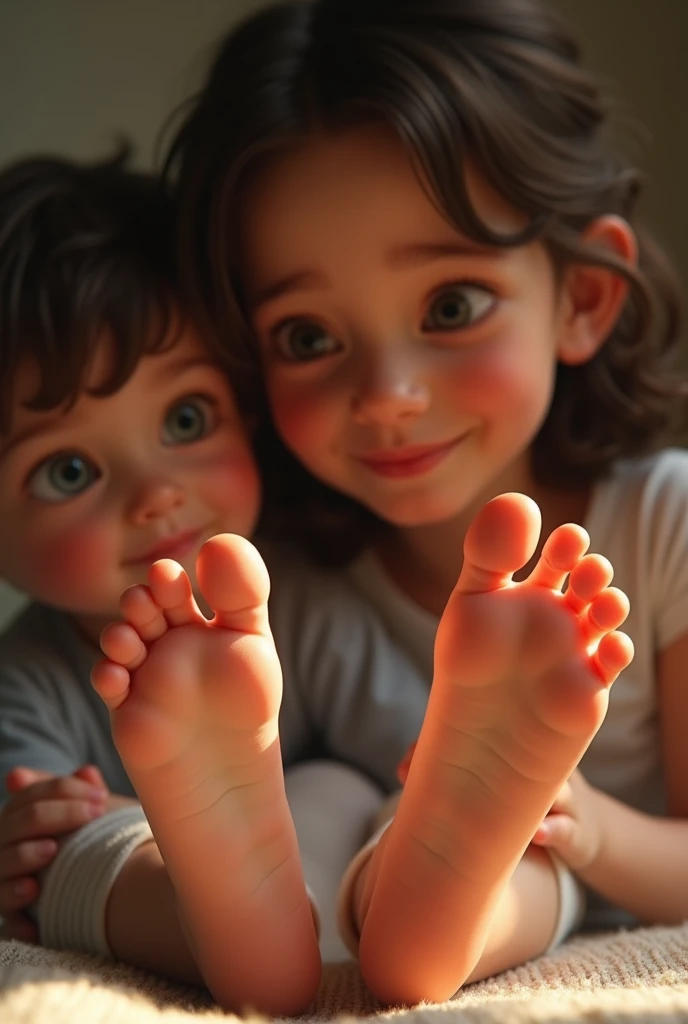 mother showing the soles of her feet to her son, foot focus, soles focus, toes