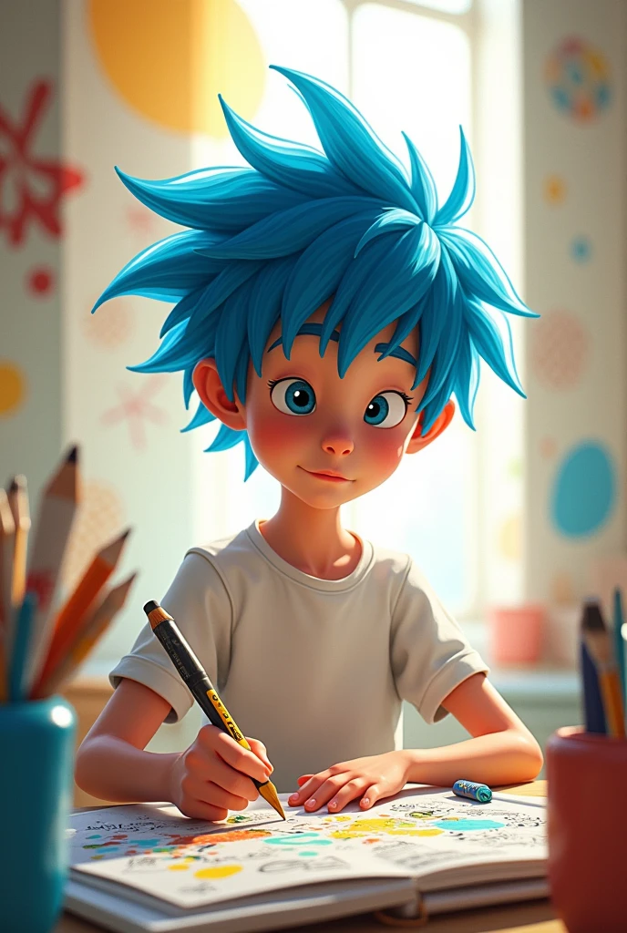 Animated character 13 year old boy with blue hair and white shirt drawing gorillaz style