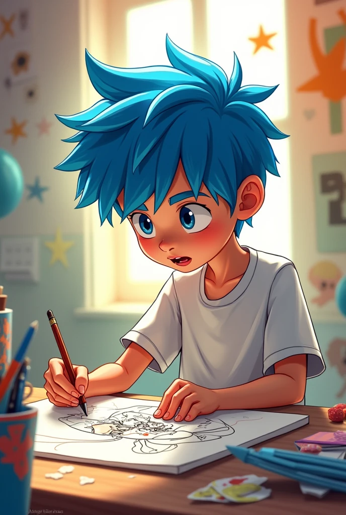 Animated character 13 year old boy with blue hair and white shirt drawing gorillaz style