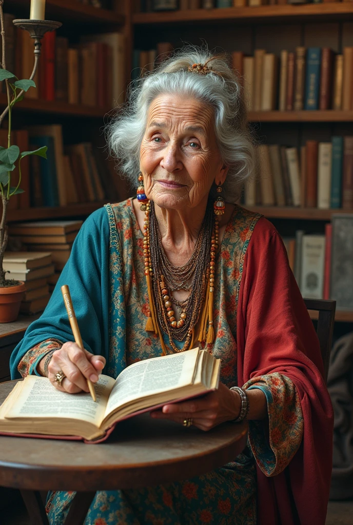 Senior woman 6, bohemian hippie, reads books about architects and design