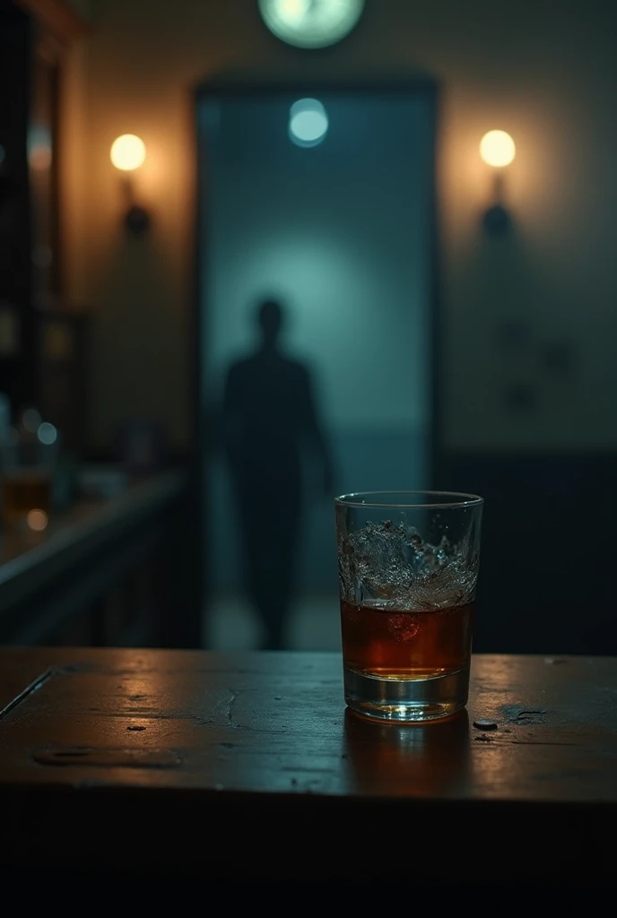 Scene 6: Close Image: The camera zooms out showing the empty bar., except for the glass of rum and the mirror door that closes slowly.
Dialogue: The voice-over says: "What does your soul reflect?? Try the rum and discover."