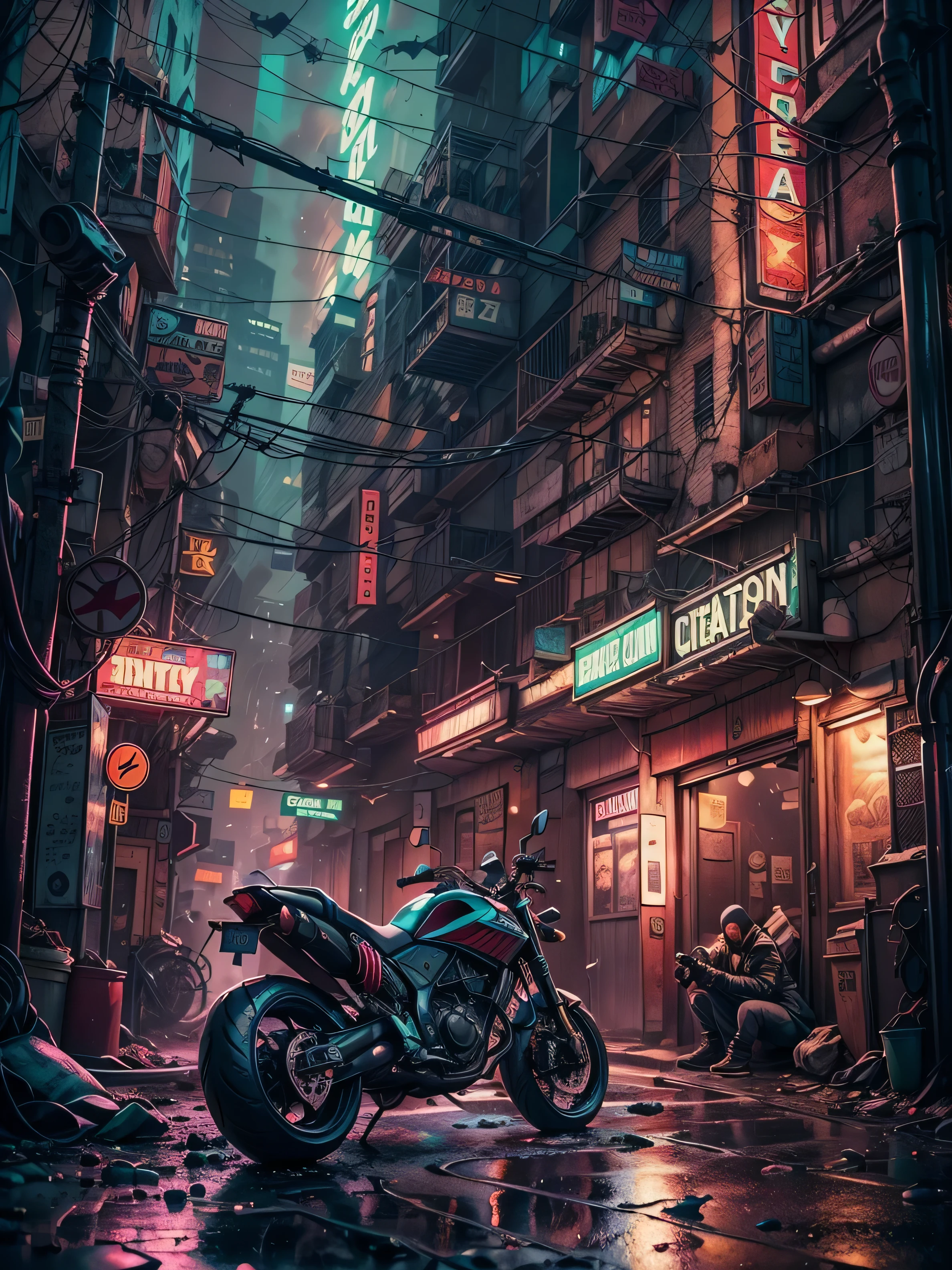 "Create a high-definition, ultra-detailed 3D rendering of a dystopian cyberpunk back alley set in the year 2527. The scene takes place at night during a mysterious, rainy atmosphere. In the foreground, prominently feature a motorcycle girl. She should be positioned within a detailed, shadowy alley illuminated by vibrant neon signs. The neon lights should reflect off the wet pavement and cast dynamic shadows. The environment should emphasize a futuristic, gritty feel, with a strong sense of depth of field and a big-picture perspective. The scene should capture both the intricate details of the character and the dystopian surroundings."