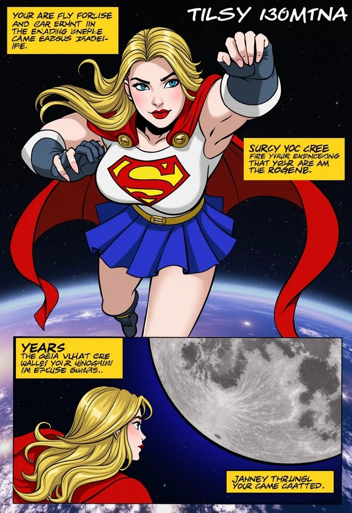 supergirl is flying in the universe, she is wearing a topper, in another frame she is looking at the moon. Pay attention to the background scene, very detailed. (masterpiece, best quality, hires, high resolution: 1.2), (extremely detailed, realistic, intricate details, high resolution), 3d, cg, ((bbw)), glowing skin, blush, eyeliner, ((giant breasts, saggy breasts: 1.1)), (cinematic lighting, sunlight, volumetric), body made, ((perfect split lighting)), (((perfect eyes))). (((detailed eyes))), (god yes),,Altamente detalhado, 8K, fotorrealista, Intrincado, hiper-realista, iluminação claro-escuro, tons de cores quentes, obra de arte, arte de artgerm e greg rutkowski