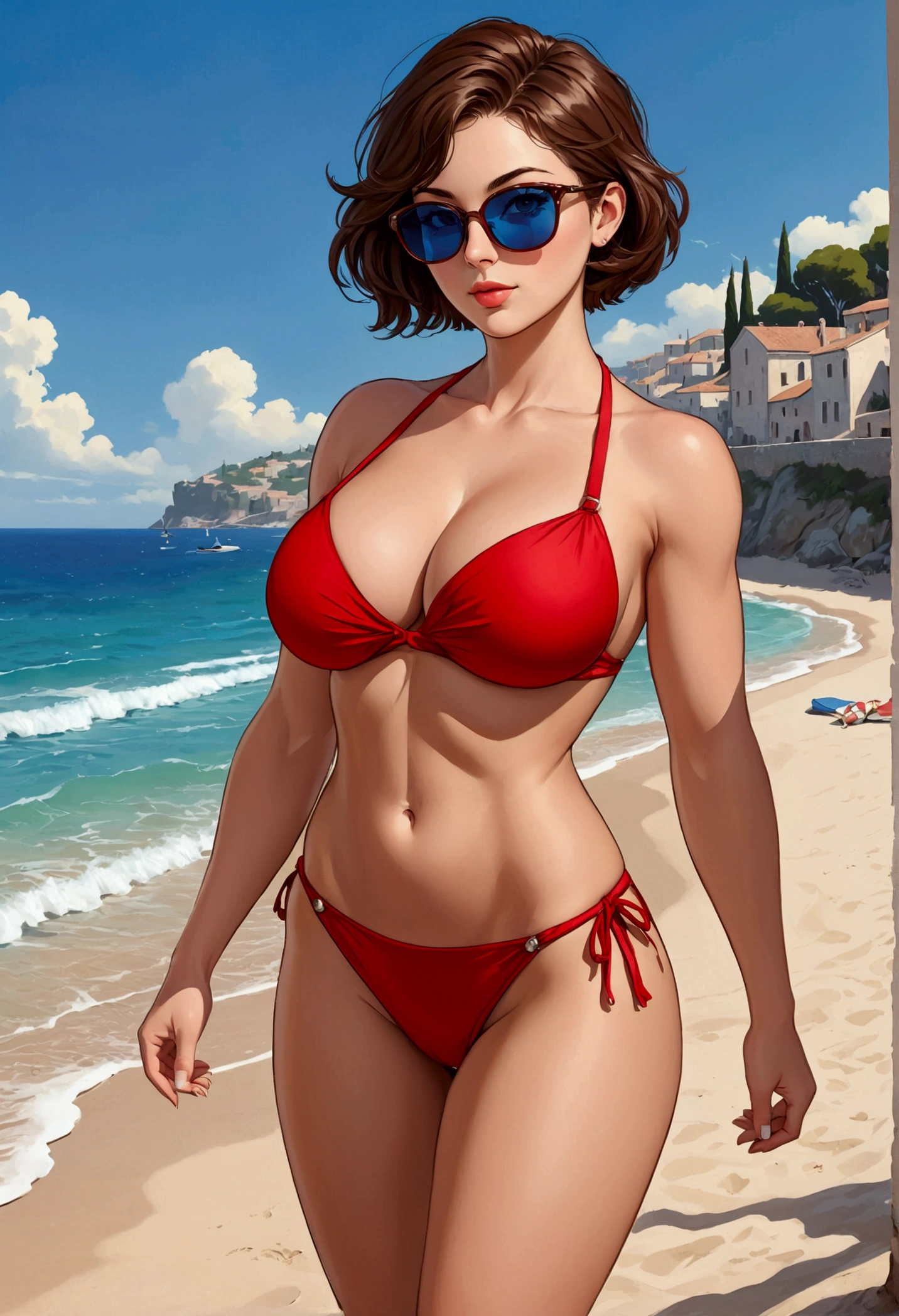 20 years old woman, Short brown hair, Mediterranean with blue eyes, Generous and heavy breasts, slender waist, estomac defini, fesses rebondies et pulpeuses, naturally curved, muscular thighs, aguicheuse, walk on the beach, bikini rouge sexy, sunglasses 