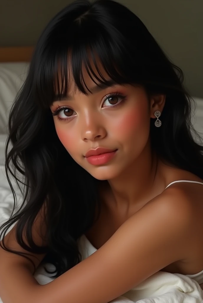 Chel is a young and beautiful indigenous woman of Colombian origin. She has brown skin, brown eyes, full coral pink lips and long, straight thigh-length black hair with flat bangs and sideburns that go partially down her ears., deitada na cama,d e frente