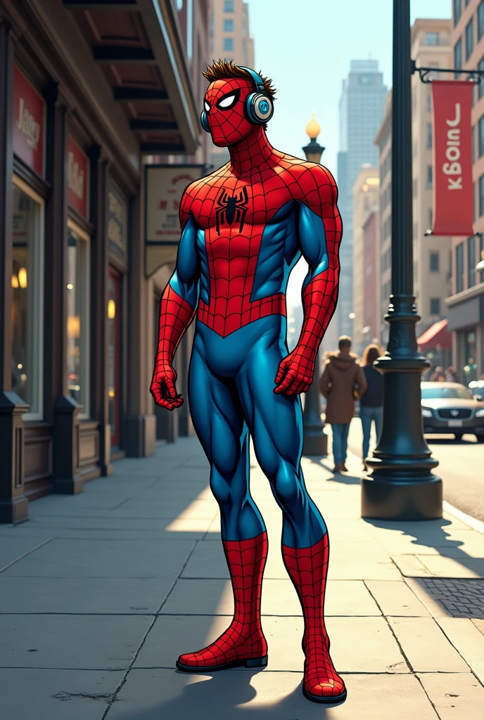 Spider Man with Headphone Listening Music on the Street Retro comic style artwork, perfect composition,hyperrealistic,super detailed,high quality,sharp focus,studio photo,intricate details,highly detailed