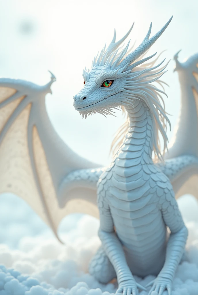 Full white female dragon with long hair and colorful eyes