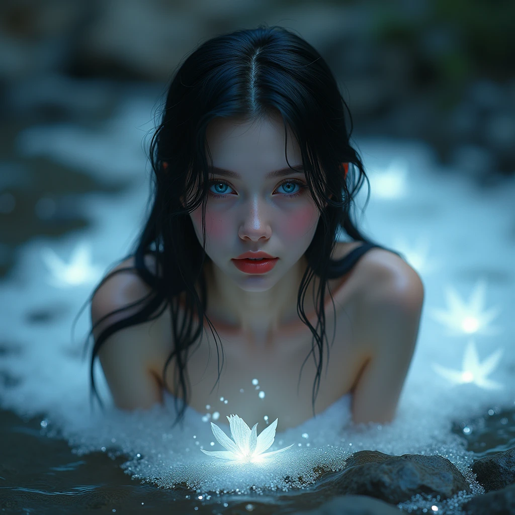 beautiful woman with Russian features, Straight jet black hair is worn loose and wet, Deep blue eyes like bright sapphires, porcelain white skin, reddish lips, blushing cheeks. She is lying on a rock while there is water around her, White glow, magic image, front image. With nothing covering it, She is very precious