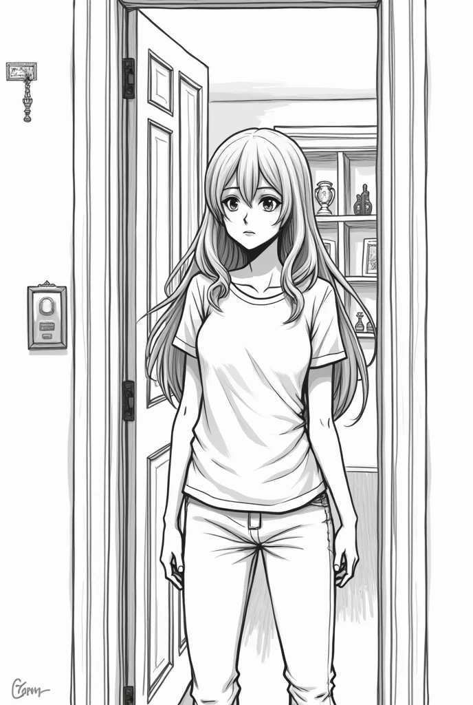 Create a lineart illustration Scenario: Arrival at the Behan Residence: Illustrate the moment when Marine re-enters the Behan residence, carrying her mixed emotions of longing, tension and fear. Her expression should convey the complexity of these feelings. The residence can be shown as a welcoming place, with details that suggest familiarity and nostalgia.