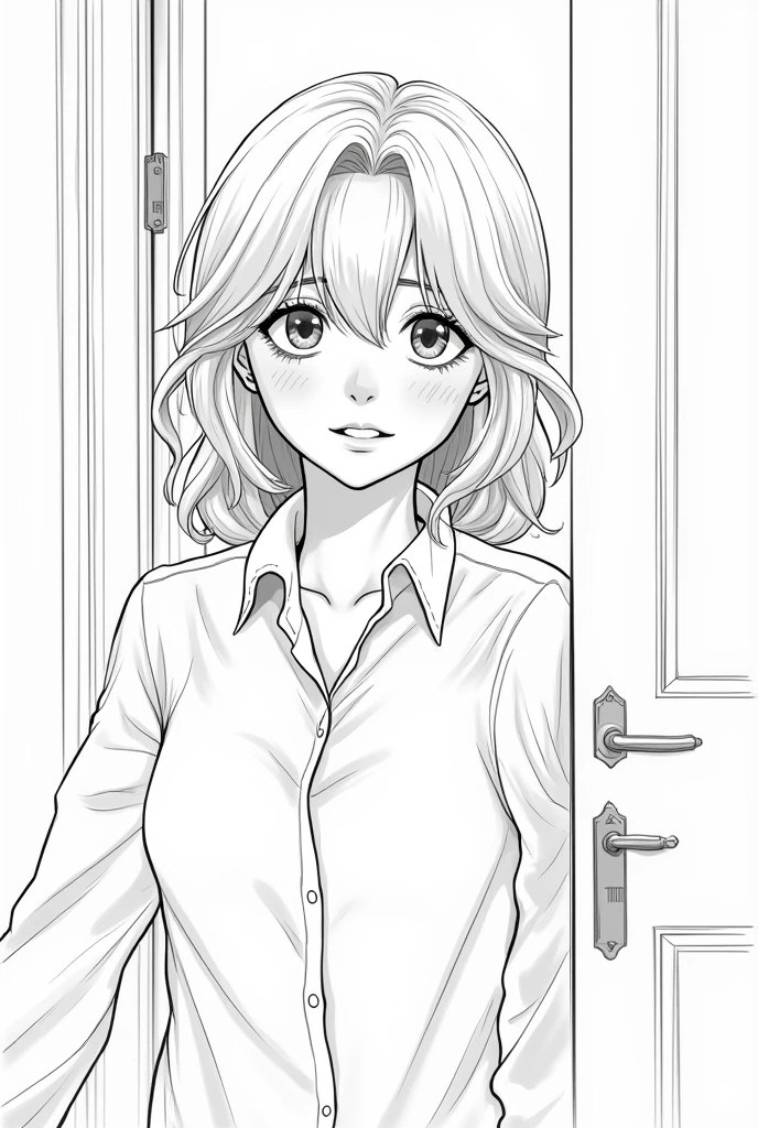 Create a lineart illustration Scenario: Arrival at the Behan Residence: Illustrate the moment when Marine re-enters the Behan residence, carrying her mixed emotions of longing, tension and fear. Her expression should convey the complexity of these feelings. The residence can be shown as a welcoming place, with details that suggest familiarity and nostalgia.