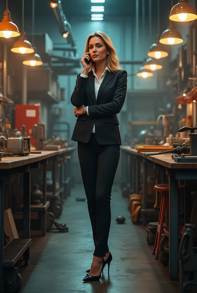bussienss woman taking a phonecall in a workshop