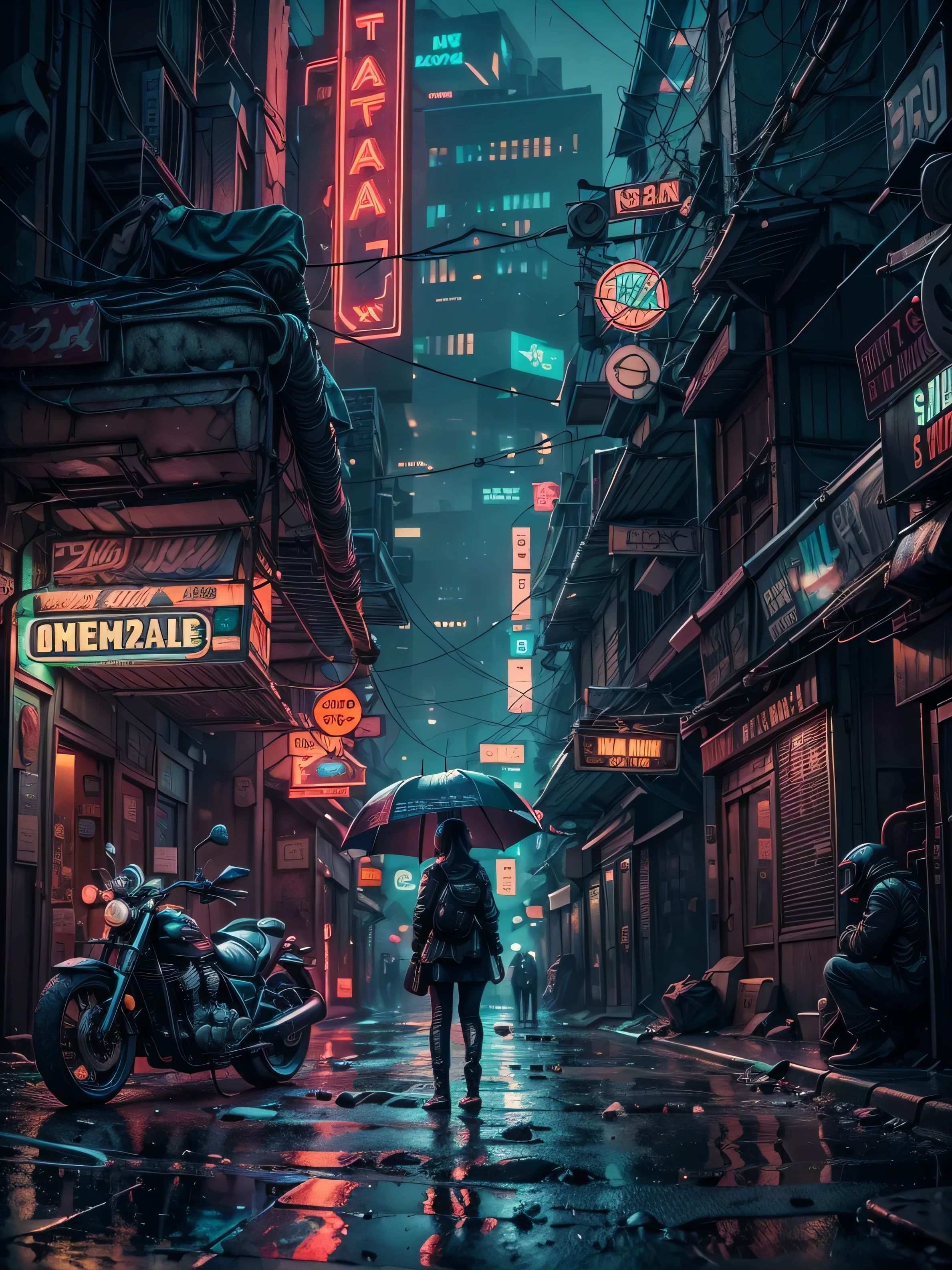 "Create a high-definition, ultra-detailed 3D rendering of a dystopian cyberpunk back alley set in the year 2527. The scene takes place at night during a mysterious, rainy atmosphere. In the foreground, prominently feature a motorcycle girl. She should be positioned within a detailed, shadowy alley illuminated by vibrant neon signs. The neon lights should reflect off the wet pavement and cast dynamic shadows. The environment should emphasize a futuristic, gritty feel, with a strong sense of depth of field and a big-picture perspective. The scene should capture both the intricate details of the character and the dystopian surroundings."