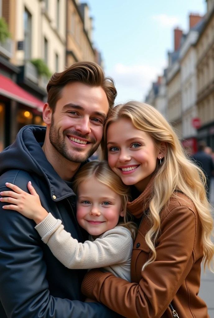Blonde child , blue eyes very long hair hugging her father, brown hair and eyes and her mother blonde green eyes long hair taking a selfie on the streets of London 8k ultra realistic