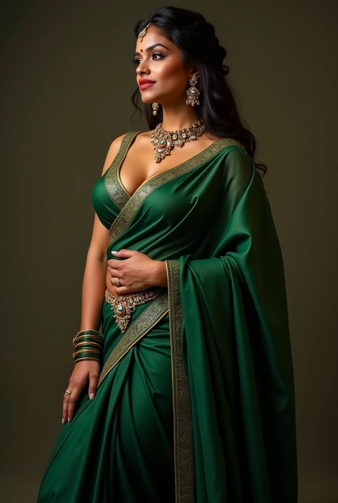 dark green sexy curvaceous Indian women,, saree, navel, big tits, (wearing precious jewelry