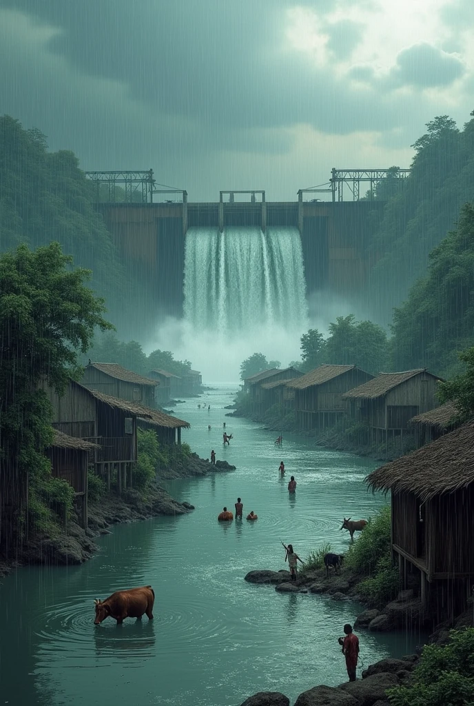 A village buildings, huts many people, men, women, children some cows, goats, chickens are all under The water due to flood water. Rain is falling from the dark cloudy sky above. Behind is a dam from which water is continuously falling from which this flood is created.
