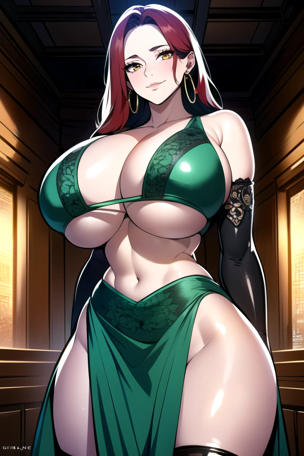 ultra realistic 8k cg, masterpiece, ((ultra detailed background, intricate detail, highly detailed, fine details best quality, hyperdetailed face)), gigantic ,beautiful lighting, absurdres, BoaHancockV2, 1girl, solo, (red hair : 1.3), long hair, jewelry, closed mouth, ), cleavagian dancer outfit : 1.1), (underboob : 1.4), elbow gloves, thigh boots, bare shoulders,, bare shoulders, curvy, midriff, curvy, thighs, shiny clothes), yellow eyes, complex detailed background, indoor, palace), ((cowboy shot)), curvy, (gigantic breasts: 1.1), ve smile, cowboy shot, earrings, jewelry